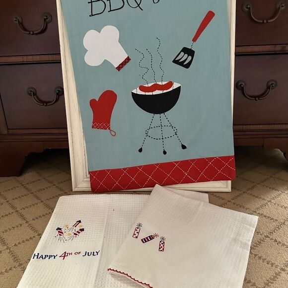 Sur La Table Embroidered Appliqué BBQ Time Tea Towel w 2 firecracker dish towels - Picture 1 of 16
